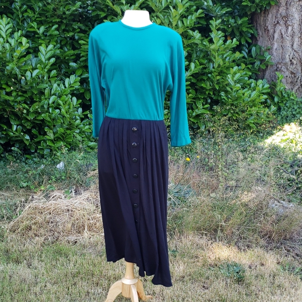 Made In USA Vintage 80's Stuart Alan Teal and Black Women's Dress Size 14 Casual